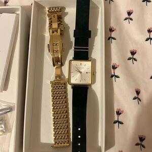 Rosefield watch w green leather strap and gold chain strap